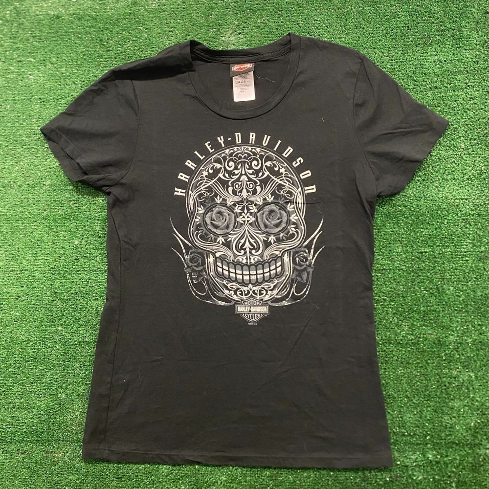 Vintage Y2K Harley Davidson Sugar Skull T-Shirt Black Women's L Aztec Mexican